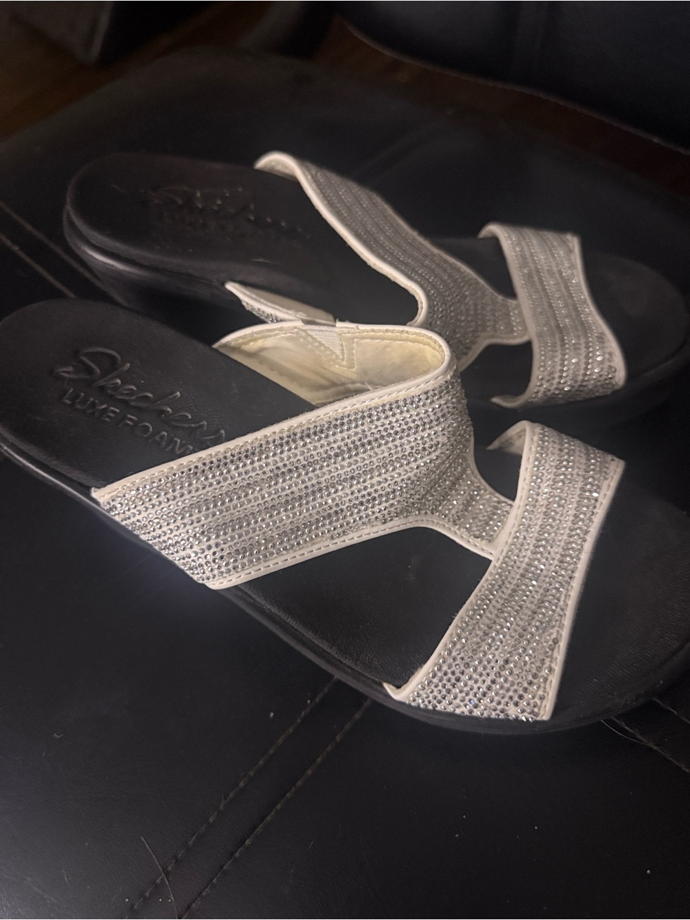 Skechers Women's Silver Crystal-Embellished Slide Sandals